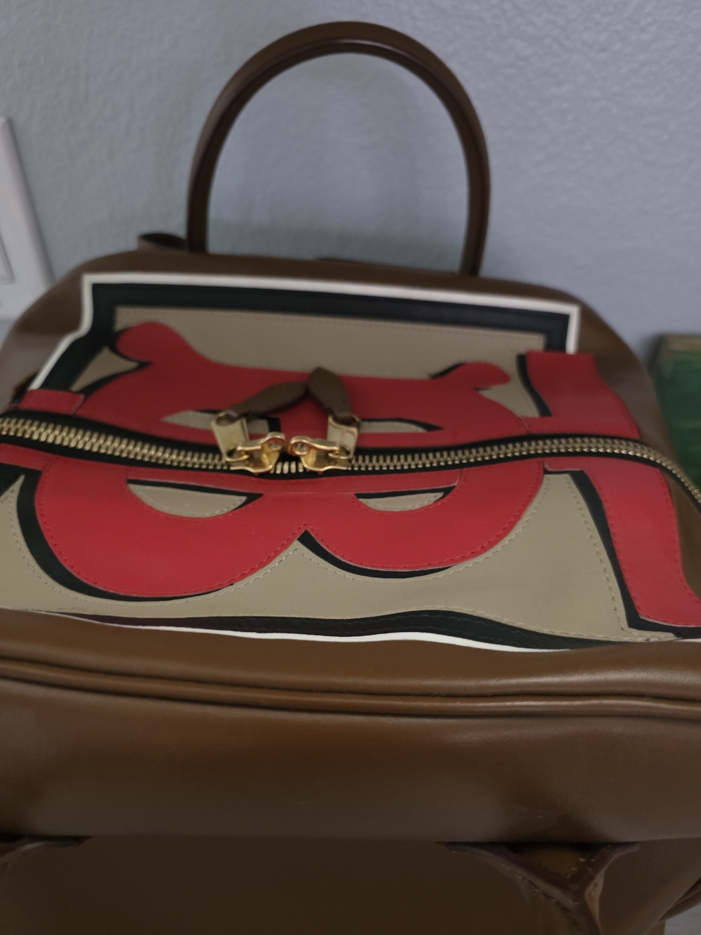 BURBERRY Designer Brown Leather Tote with Red Accent Front Panel